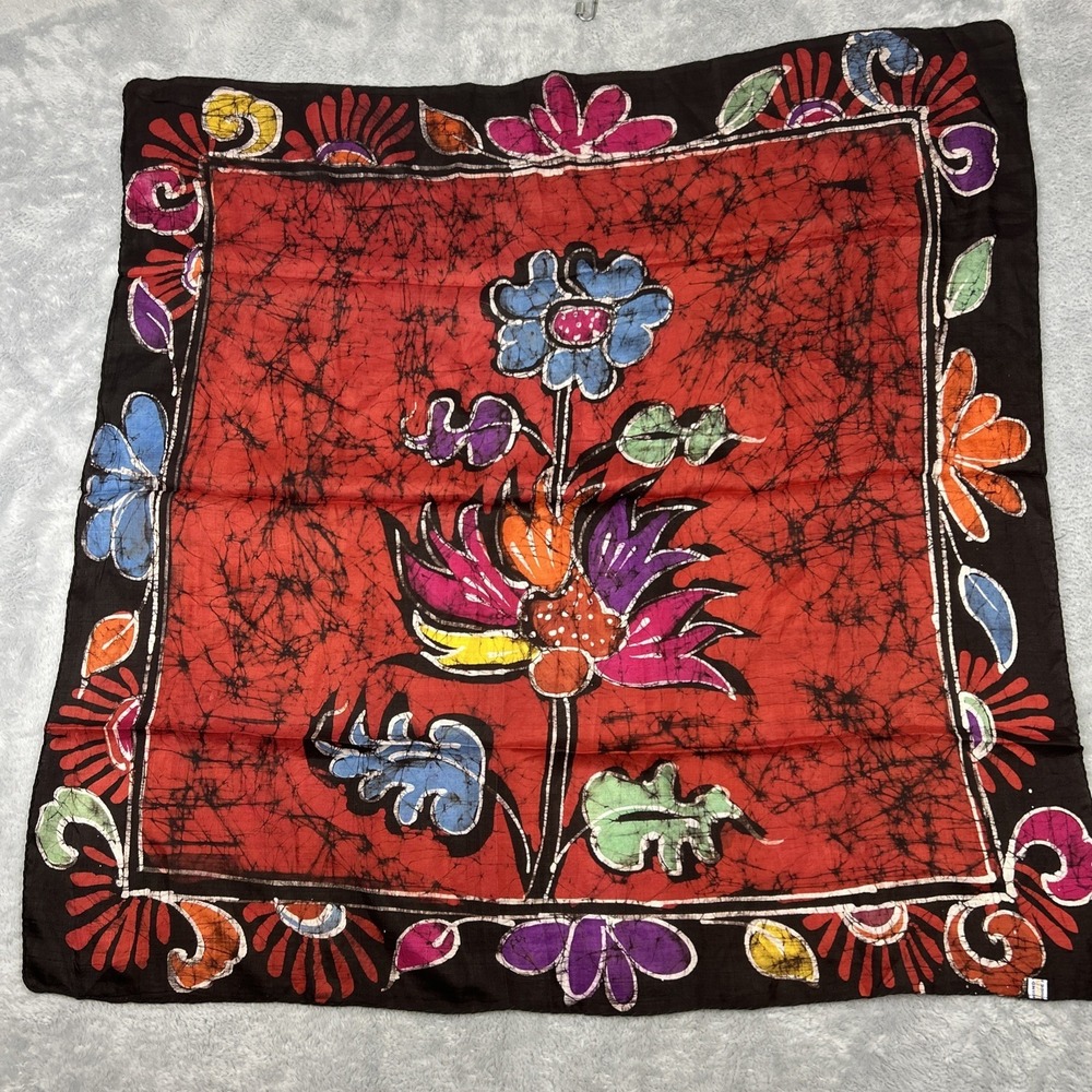Batik 100% Silk Scarf 34 in Square Red Hibiscus Made in India